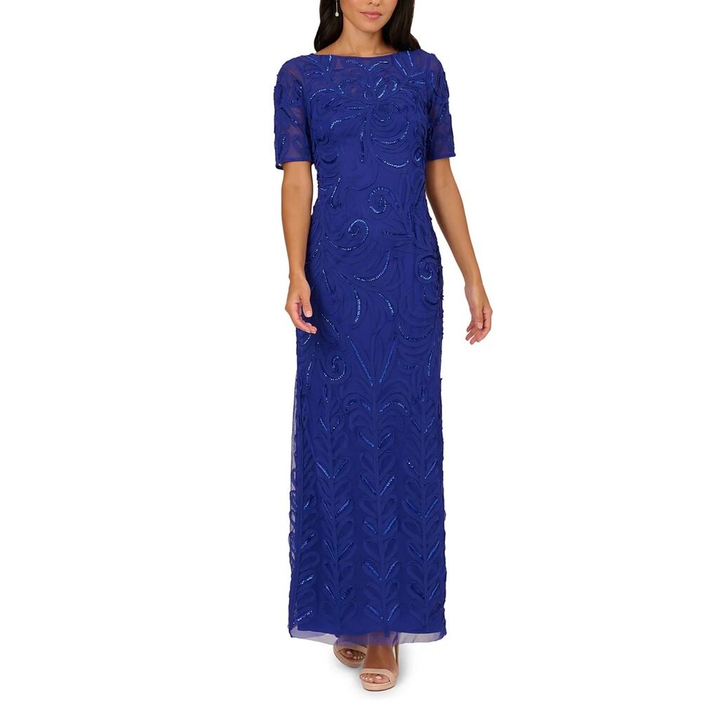 Adrianna Papell Blue Evening Column Gown Sequined Short Sleeve Dress Size 6